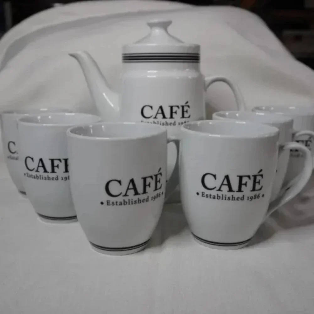Pottery Barn Cafe Est 1986 *** Set of 2 Cups *** White with Black Design - Picture 8 of 9